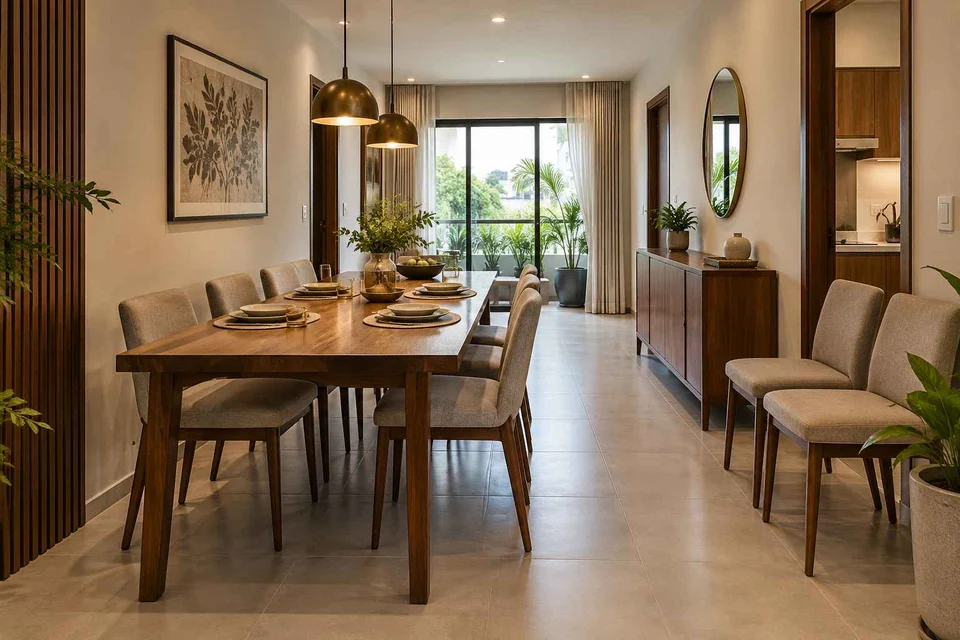 AI-generated dining-room concept: narrow-room side dining, flexible extra seats direction