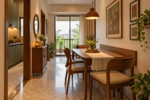AI-generated dining-room concept: narrow-room side dining, grandparents and grandchildren direction