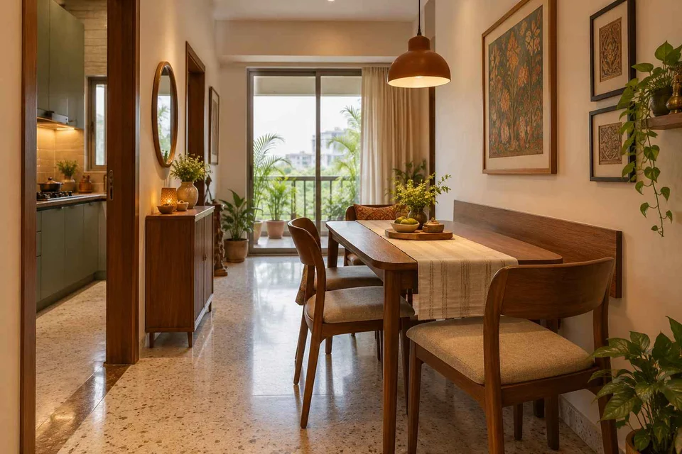 AI-generated dining-room concept: narrow-room side dining, grandparents and grandchildren direction