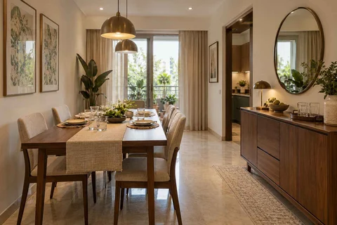 AI-generated dining-room concept: narrow-room side dining, guest welcome meal direction