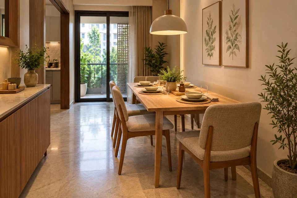 AI-generated dining-room concept: narrow-room side dining, homegrown herb table direction