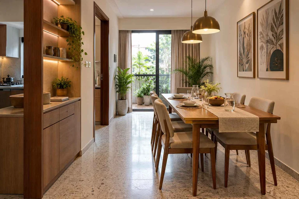 AI-generated dining-room concept: narrow-room side dining, homework-to-dinner transition direction