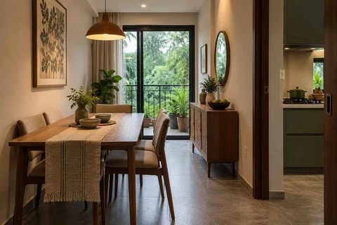 AI-generated dining-room concept: narrow-room side dining, monsoon lunch light direction