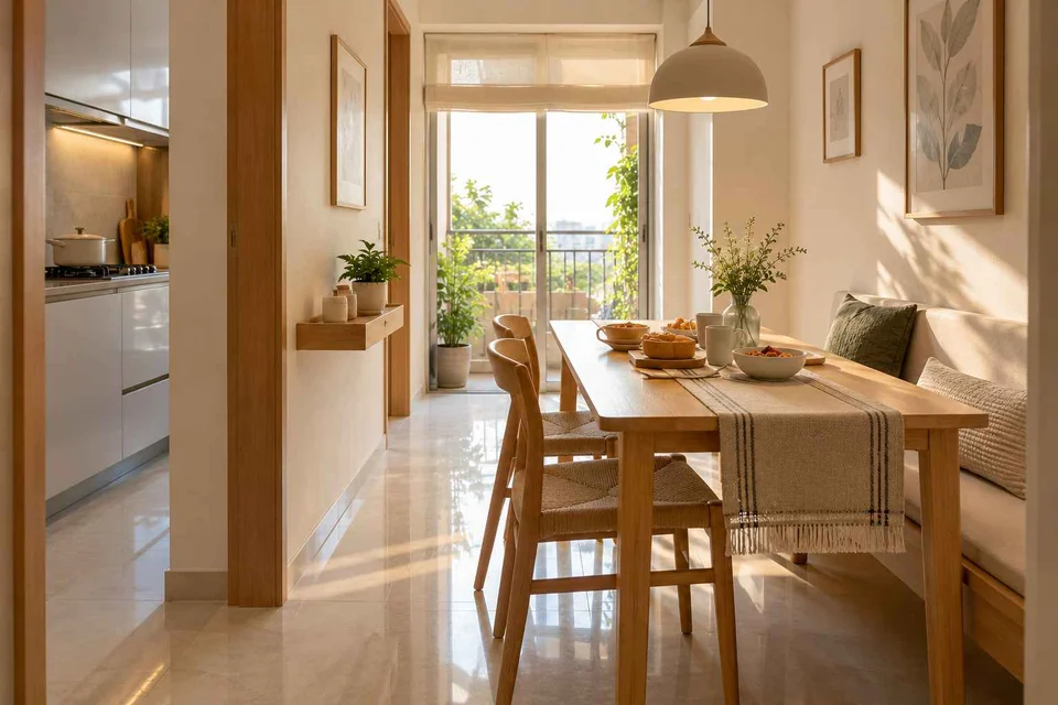 AI-generated dining-room concept: narrow-room side dining, morning breakfast rhythm direction