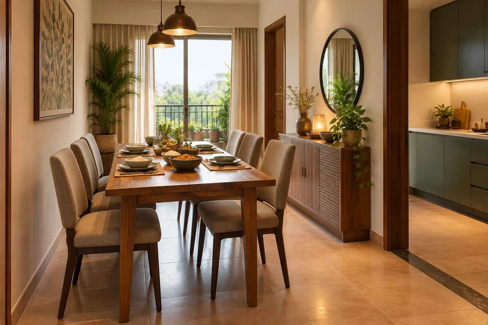 AI-generated dining-room concept: narrow-room side dining, serving bowl sharing direction