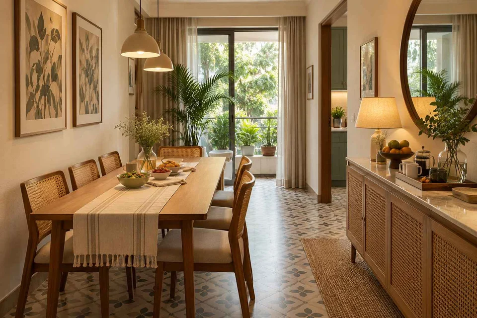 AI-generated dining-room concept: narrow-room side dining, slow weekend brunch direction