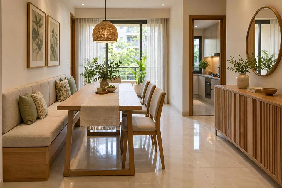 AI-generated dining-room concept: narrow-room side dining, summer-airiness dining direction