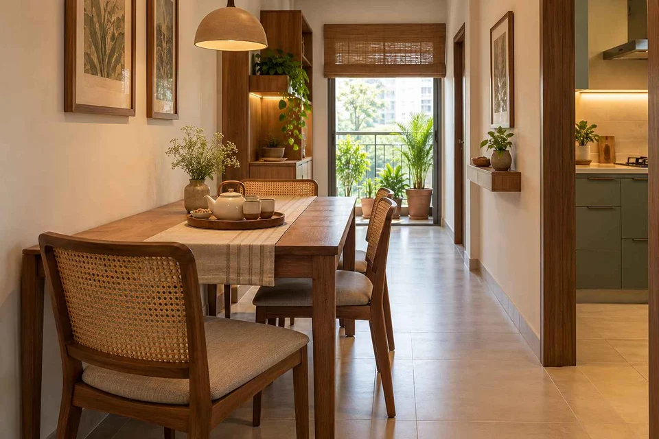 AI-generated dining-room concept: narrow-room side dining, tea with friends direction