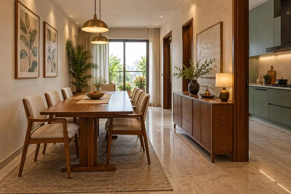 AI-generated dining-room concept: narrow-room side dining, visiting-parents meal direction