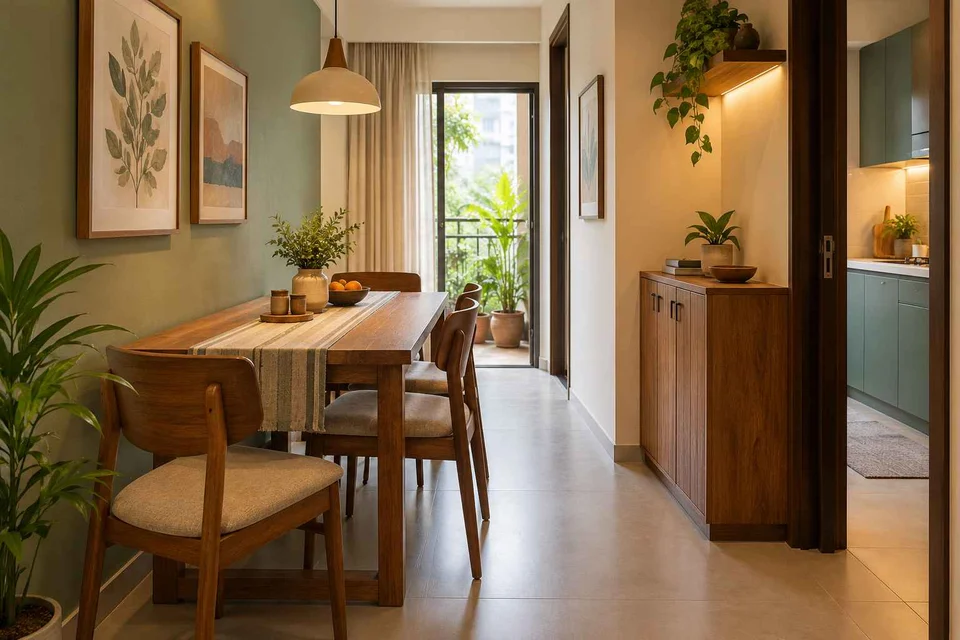 AI-generated dining-room concept: narrow-room side dining, weekend craft-to-meal reset direction