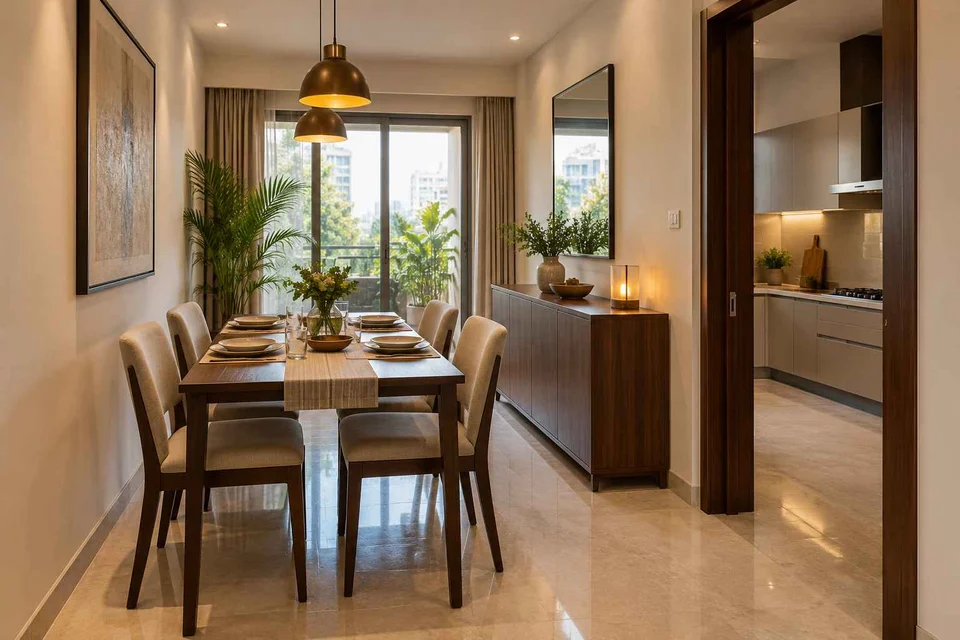 AI-generated dining-room concept: narrow-room side dining, weeknight compact hosting direction