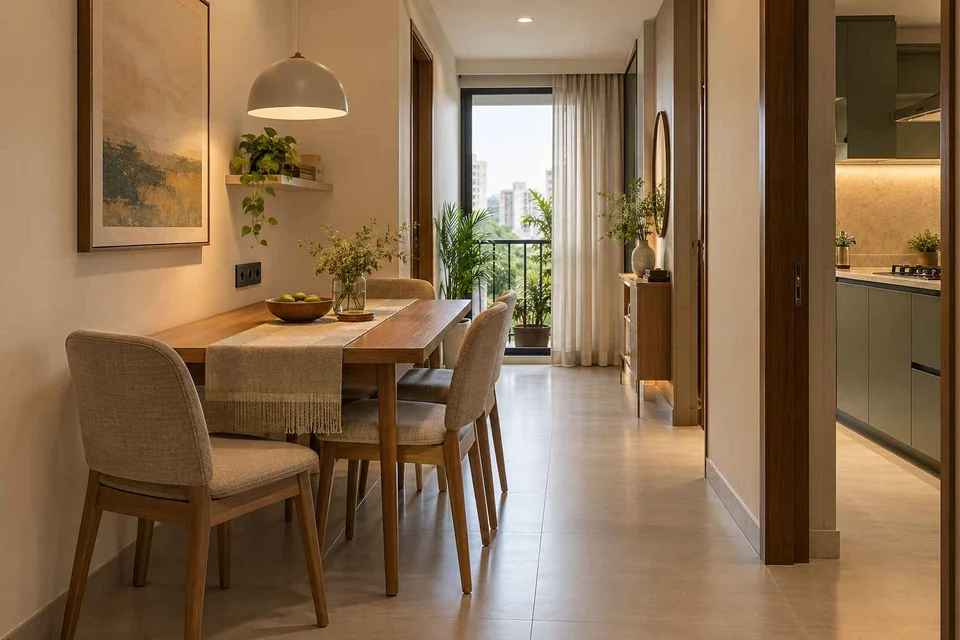 AI-generated dining-room concept: narrow-room side dining, work-from-home reset direction