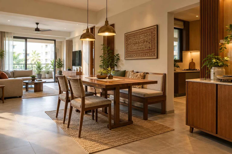 AI-generated dining-room concept: open living-dining bay, adaptable everyday dining direction