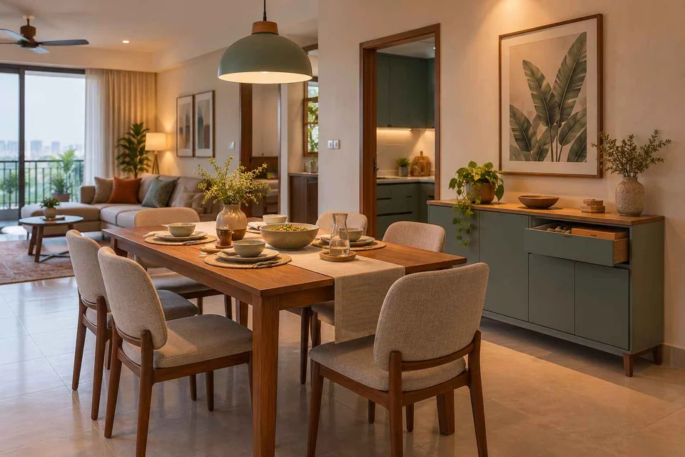 AI-generated dining-room concept: open living-dining bay, board-game supper direction