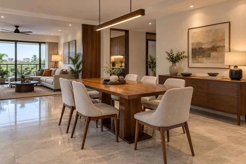 AI-generated dining-room concept: open living-dining bay, buffet-side gathering direction