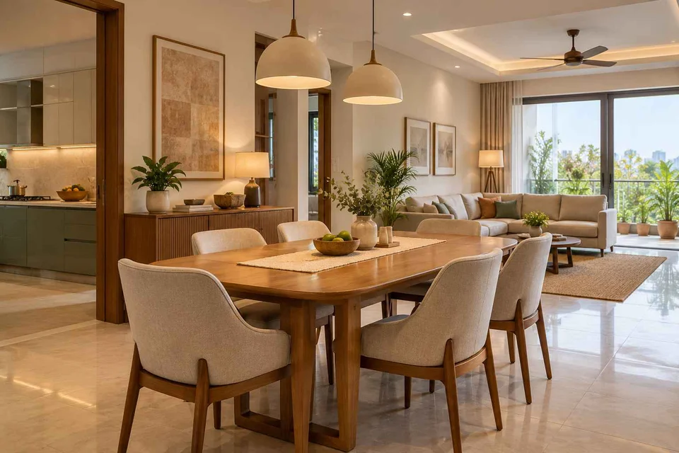 AI-generated dining-room concept: open living-dining bay, children's everyday meals direction