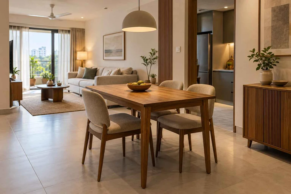 AI-generated dining-room concept: open living-dining bay, clear-table daily reset direction