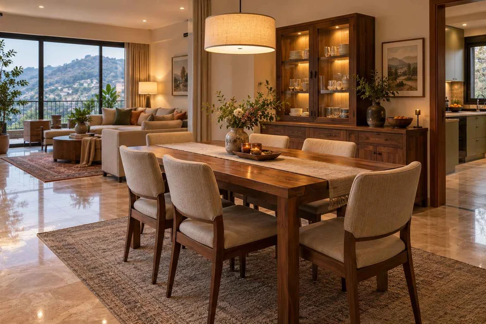AI-generated dining-room concept: open living-dining bay, cool-season family table direction