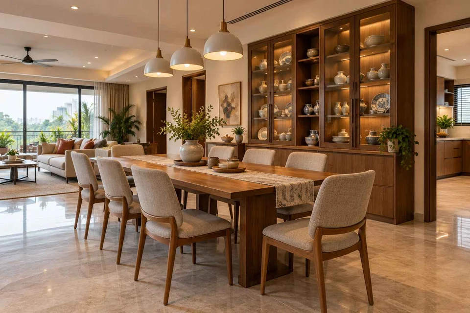 AI-generated dining-room concept: open living-dining bay, crockery collection display direction