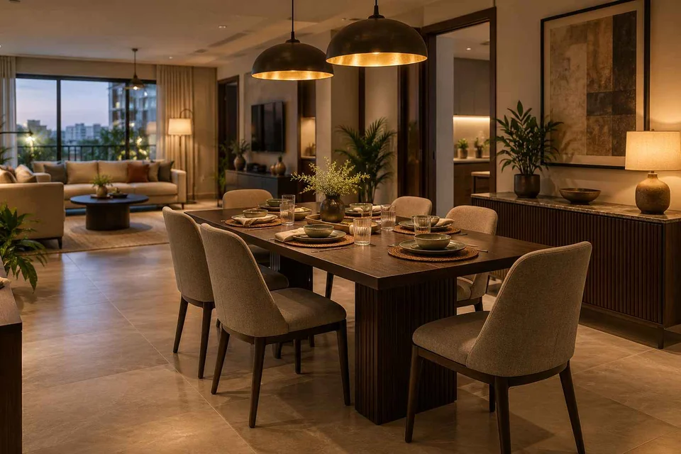 AI-generated dining-room concept: open living-dining bay, evening candleless dinner direction