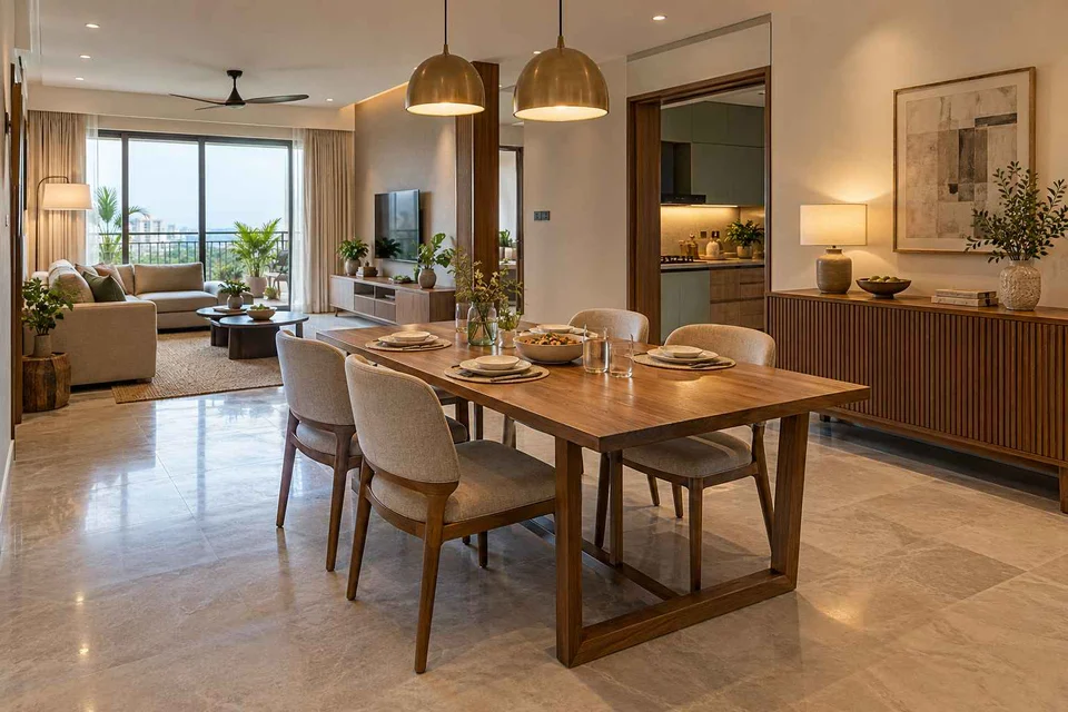AI-generated dining-room concept: open living-dining bay, everyday family supper direction