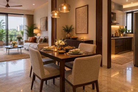AI-generated dining-room concept: open living-dining bay, festival meal preparation direction