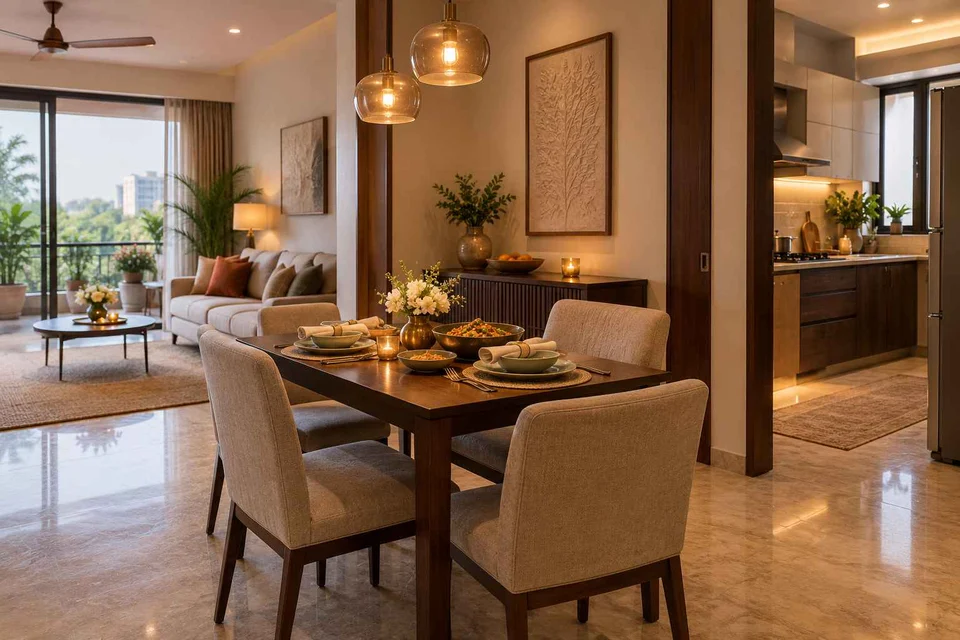 AI-generated dining-room concept: open living-dining bay, festival meal preparation direction
