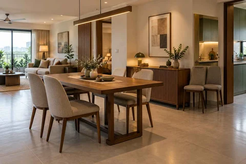 AI-generated dining-room concept: open living-dining bay, flexible extra seats direction
