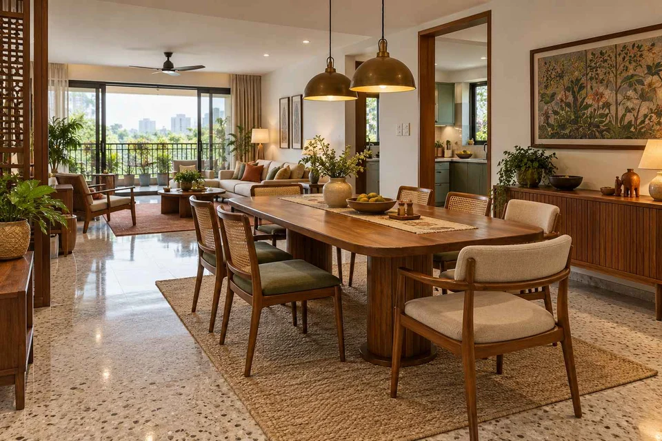 AI-generated dining-room concept: open living-dining bay, grandparents and grandchildren direction