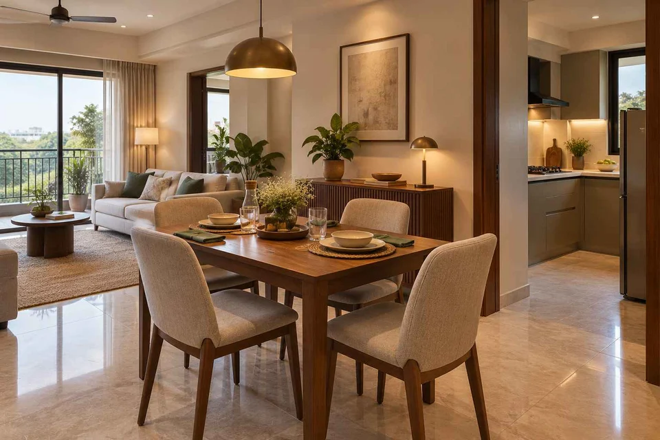 AI-generated dining-room concept: open living-dining bay, guest welcome meal direction