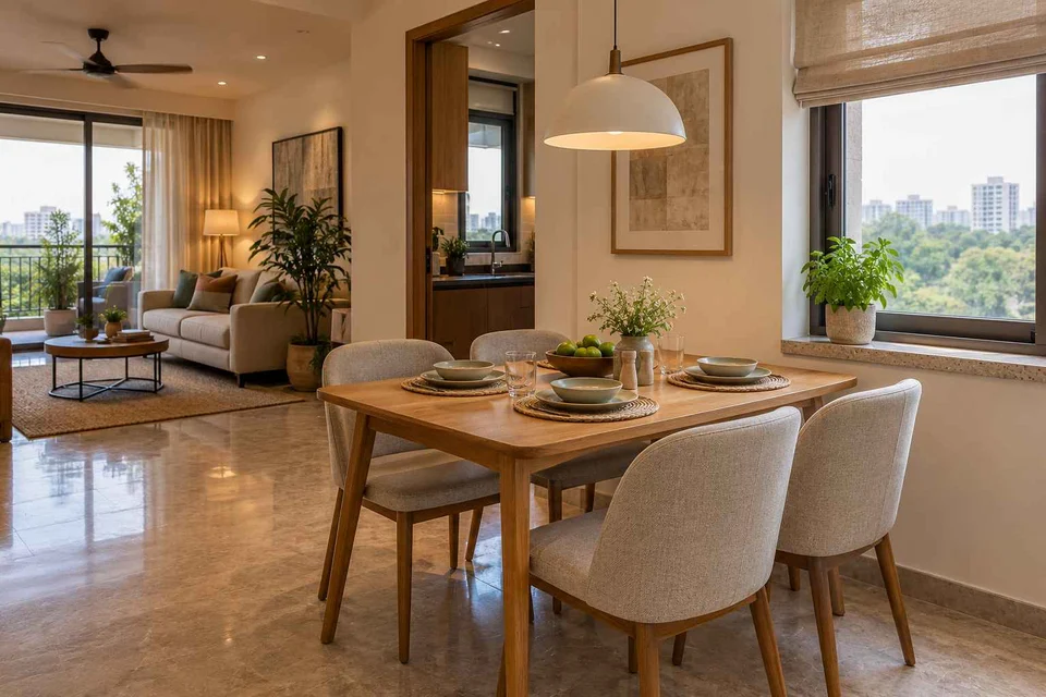 AI-generated dining-room concept: open living-dining bay, homegrown herb table direction