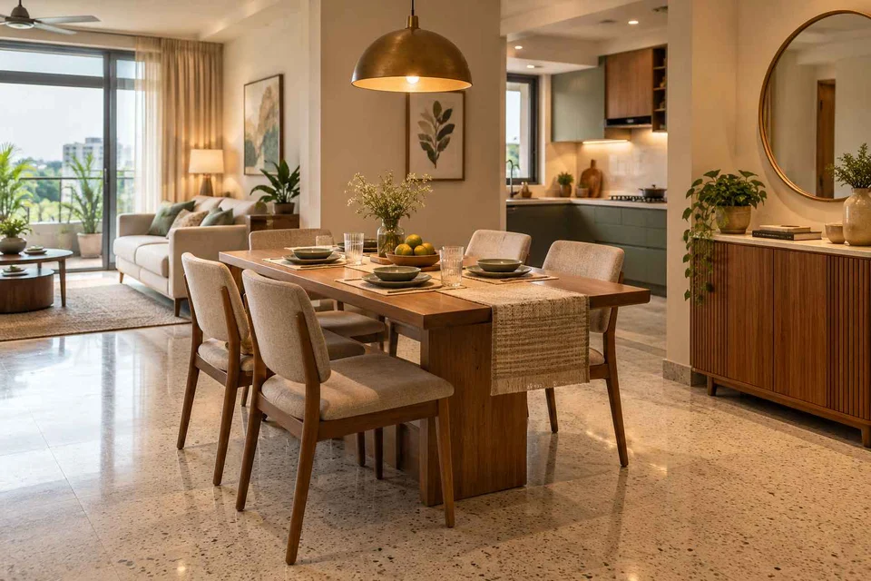 AI-generated dining-room concept: open living-dining bay, homework-to-dinner transition direction