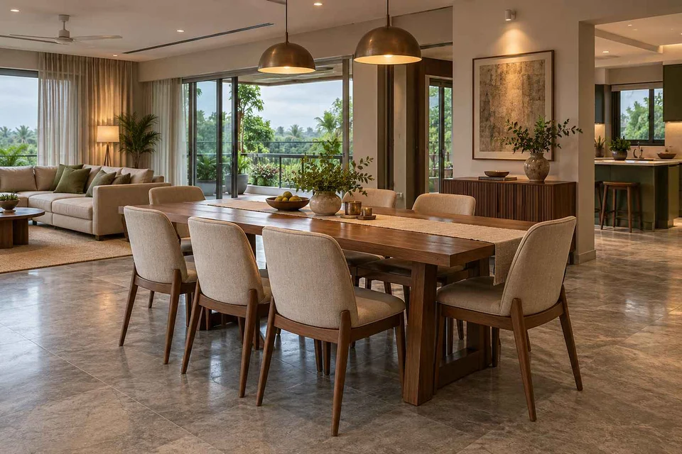 AI-generated dining-room concept: open living-dining bay, monsoon lunch light direction