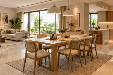 AI-generated dining-room concept: open living-dining bay, morning breakfast rhythm direction
