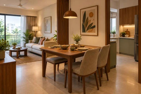AI-generated dining-room concept: open living-dining bay, serving bowl sharing direction