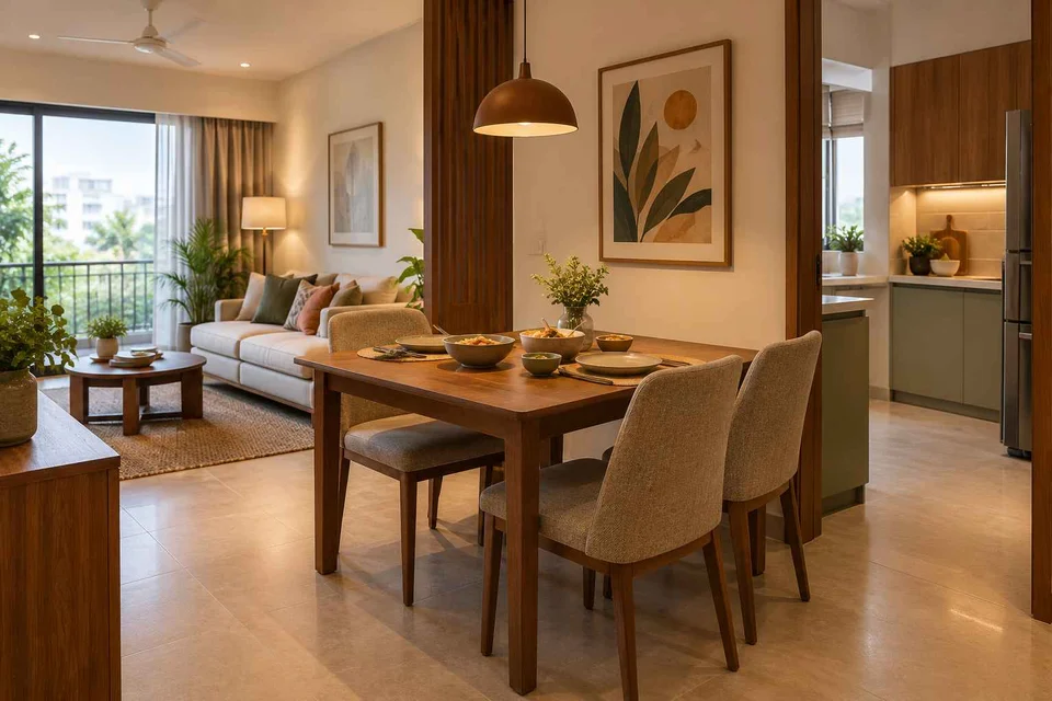 AI-generated dining-room concept: open living-dining bay, serving bowl sharing direction