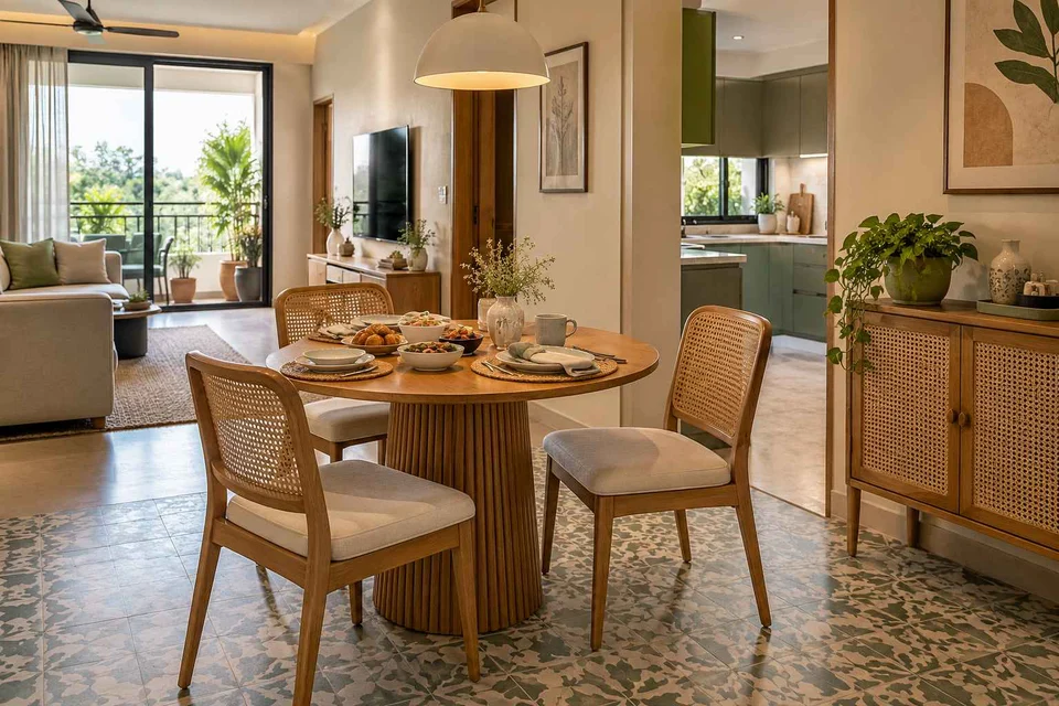AI-generated dining-room concept: open living-dining bay, slow weekend brunch direction