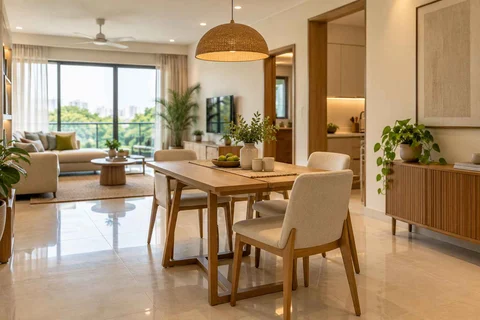 AI-generated dining-room concept: open living-dining bay, summer-airiness dining direction