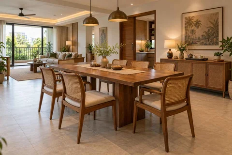 AI-generated dining-room concept: open living-dining bay, tea with friends direction