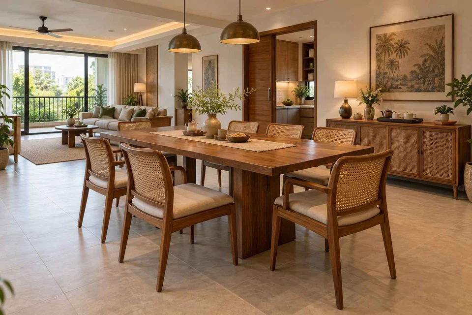 AI-generated dining-room concept: open living-dining bay, tea with friends direction