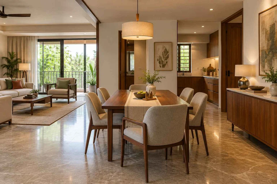 AI-generated dining-room concept: open living-dining bay, visiting-parents meal direction