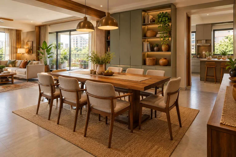 AI-generated dining-room concept: open living-dining bay, weekend craft-to-meal reset direction