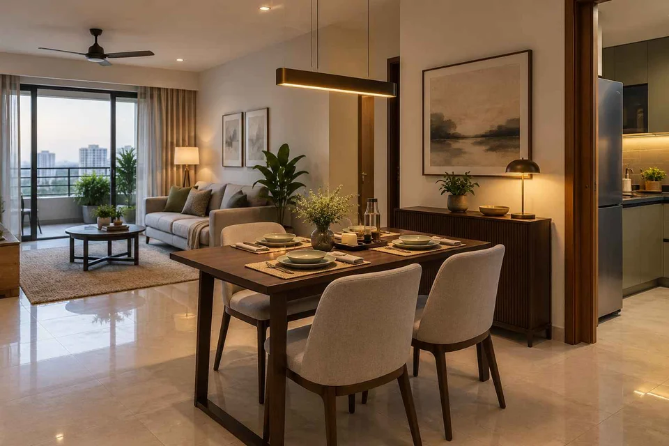 AI-generated dining-room concept: open living-dining bay, weeknight compact hosting direction