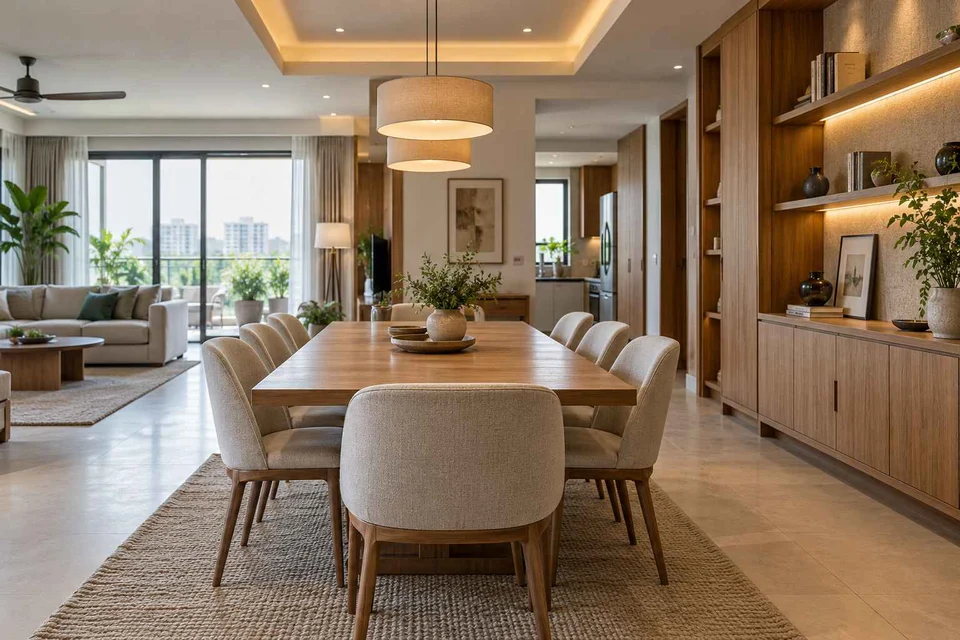 AI-generated dining-room concept: open living-dining bay, work-from-home reset direction
