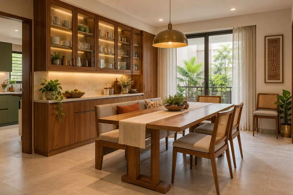 AI-generated dining-room concept: pantry-wall dining room, adaptable everyday dining direction