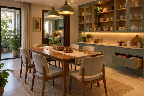 AI-generated dining-room concept: pantry-wall dining room, board-game supper direction