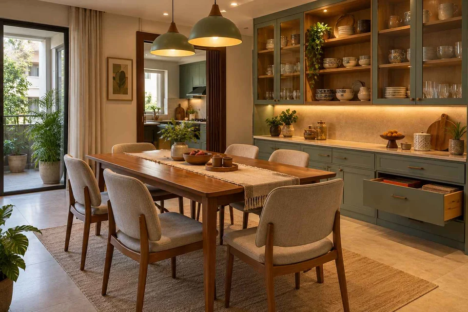 AI-generated dining-room concept: pantry-wall dining room, board-game supper direction