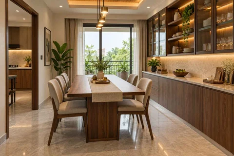 AI-generated dining-room concept: pantry-wall dining room, buffet-side gathering direction