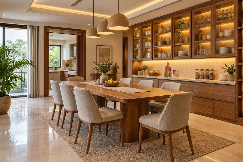 AI-generated dining-room concept: pantry-wall dining room, children's everyday meals direction
