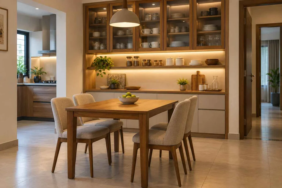 AI-generated dining-room concept: pantry-wall dining room, clear-table daily reset direction